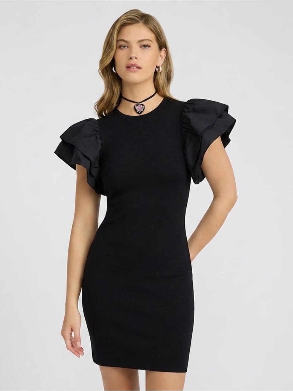 Zara Black Tiered Flutter Sleeve Ribbed Knit Bodycon Mini Dress L Cocktail LBD